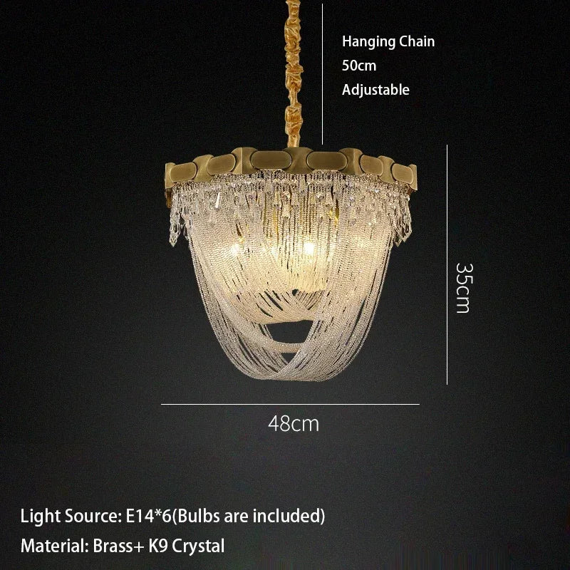Luxury Brass Crystal Bead Curtains Chandeliers 2025 Modern LED Home Decor Hanging Lamps for Ceiling Living Room Lighting Fixture