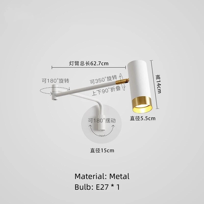 Modern Long Arm Wall Lights Gold Black White Metal Rotatable Foyer Bedside Reading Room Lamp E27 Bulb Drop shipping
