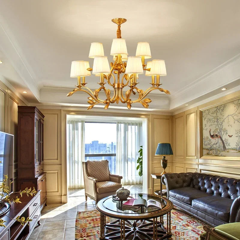 American Retro Luxury Gold Copper Chandeliers Living Dining Bedroom Pendant Lights Fabric Shades Flower Deco Led Lighting Lamps