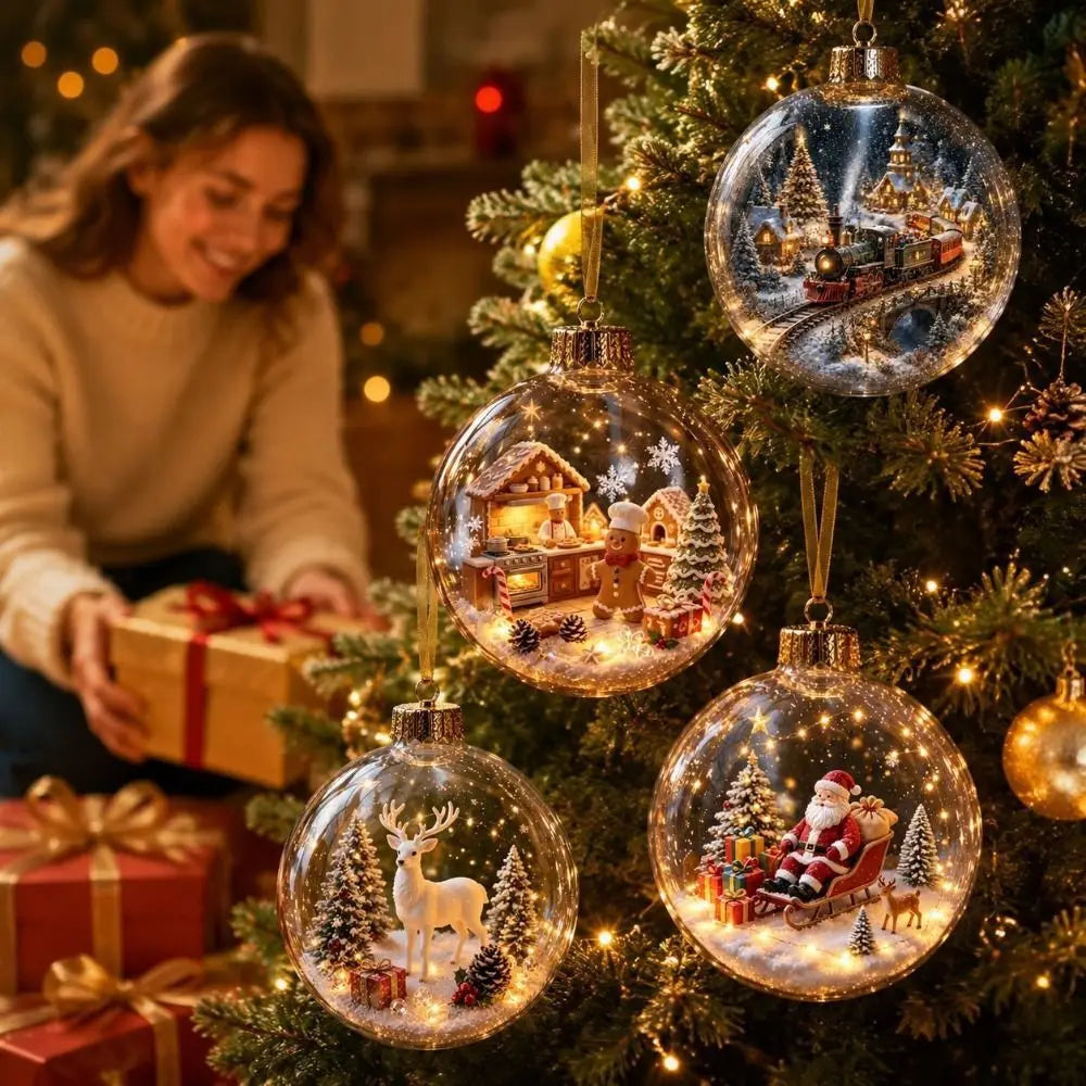 Acrylic Material Christmas Ball Ornament with Light Transparent Design Santa Claus Pendant 8CM Size Hanging Christmas Decoration