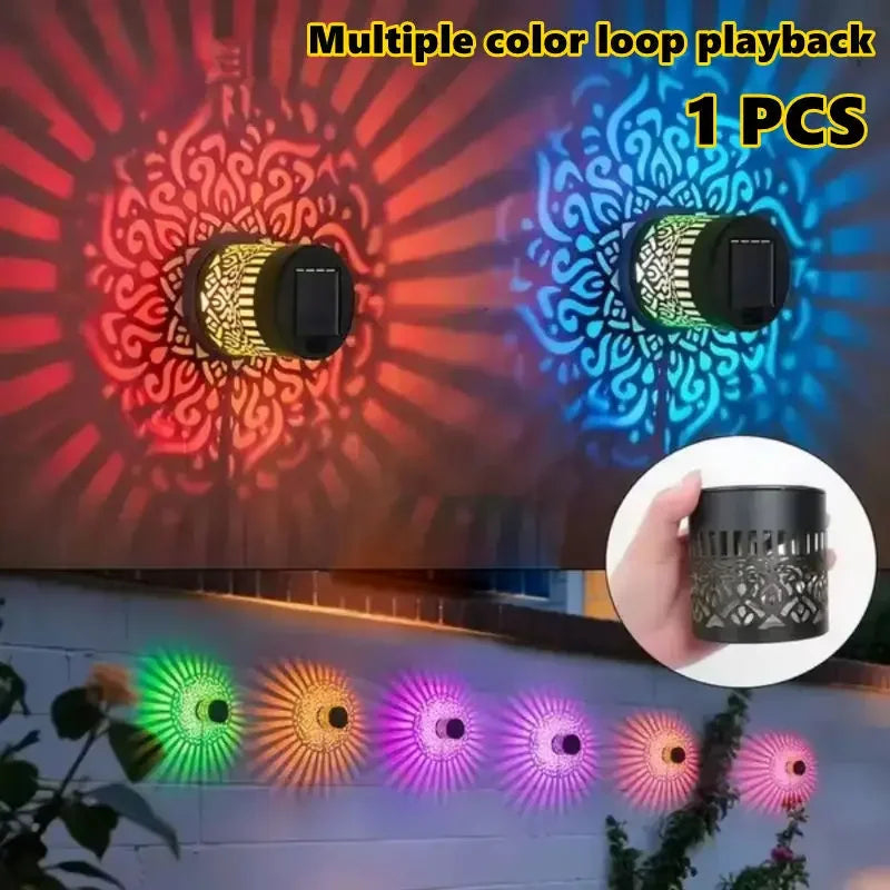 Colorful Mandala Lantern LED Solar Light Outdoor Projection Wall Lamp for Garden Terrace and Stair Lighting Courtyard Backyard