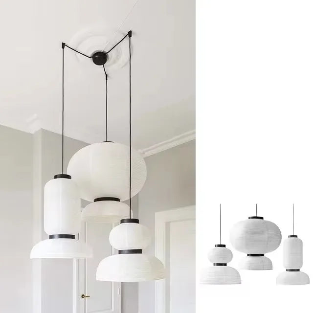 Japanese Wabi-Sabi Rice Paper LED Pendant Light - Organic White Paper Lantern Chandelier Fixture for Living Room Ceiling Decor