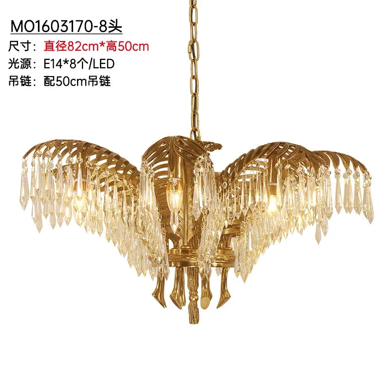 Hand Carving Gold Brass Hanging Pendant Lights Villa Living Room Luxury Crystal Palm Chandelier