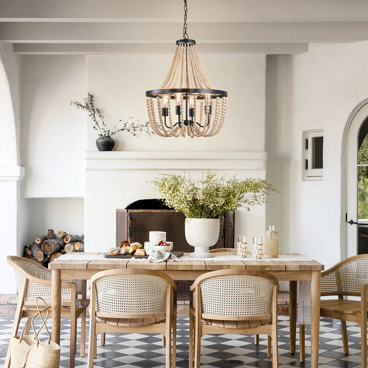 Modern Boho Wood Bead Chandelier Classic Dimmable High Ceilings Chandeliers With Matt Black Finished For Bedroom Hall