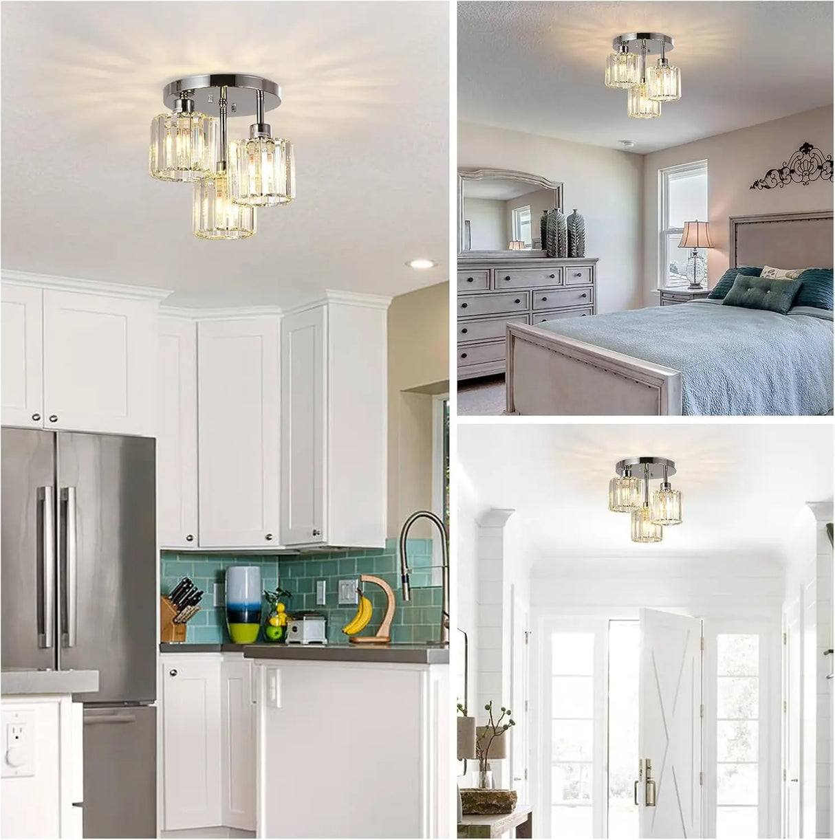 Modern Semi Flush Mount Ceiling Light, 3-Light Crystal Gold Close to Ceiling Fixture, Clear Crystal Shade for Kitchen Hallway Ba