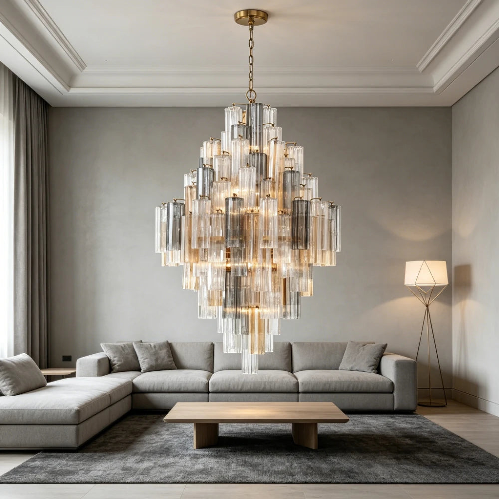 Crystorama Addis Polished Chrome Murano Glass Chandelier - Modern Luxury Pendant Light Fixture for Villa Staircase, Living Room & Hotel