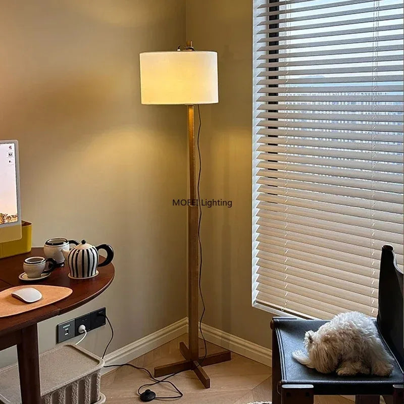 Wabi Sabi Wood Floor Lamp Designer Japanese Fabric Liftable Standing Lamp Office Coffee Reading Retro Study Vertical Lighting