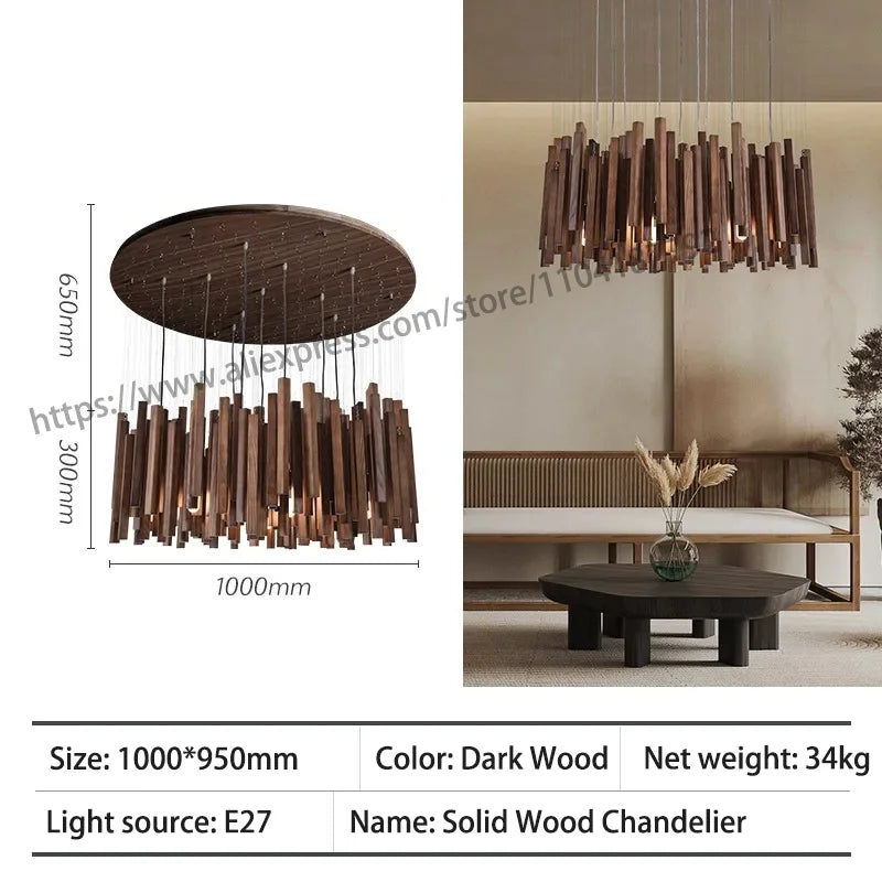 Retro Wooden Hanging Chandelier Light Dining Table Solid Wood Led Pendant Lamp Living Room Kitchen Chandelier Lighting Fixture