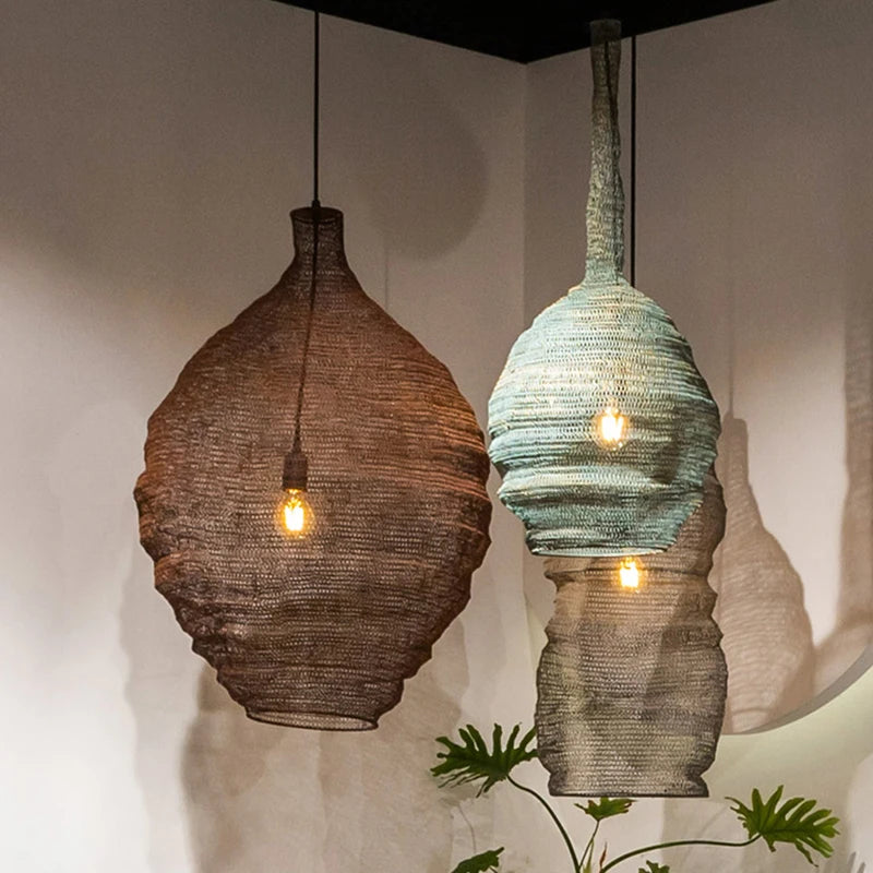 Wabi Sabi Style Pendant Lamp Hotel Restaurant Homestay Living Room Bedroom Bedside Lamp Wire Mesh Artistic Creative Lighting