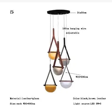 Nordic Leather Handmade Glass LED Lights Creative Belt Design Pendant Lamp for Bedroom Restaurant Designer Model Room Decor