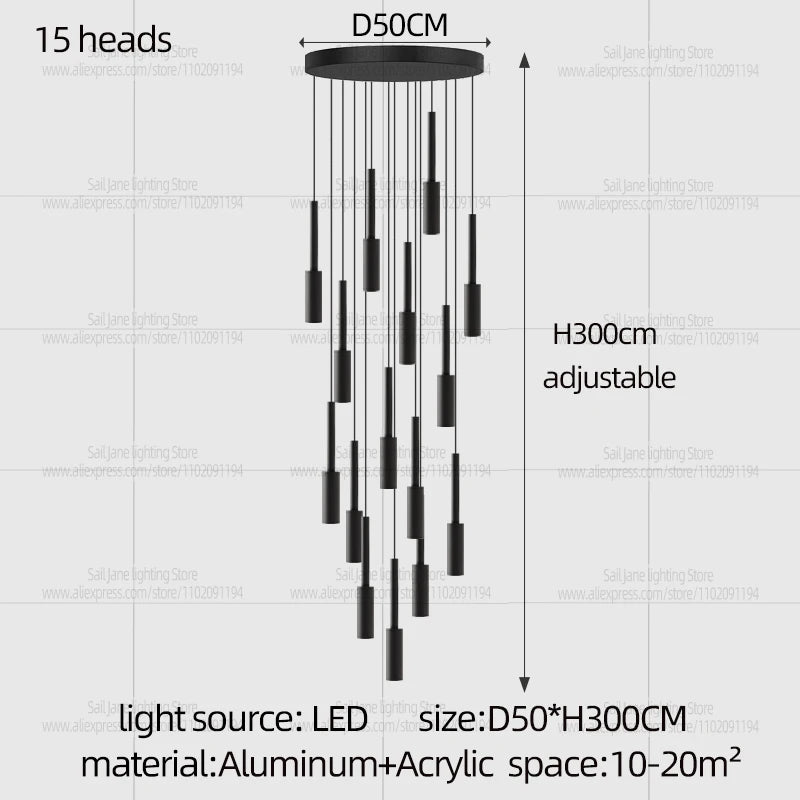 Cylindrical Pendant Light Long Line Attic Chandelier - Modern LED Villa Spotlight