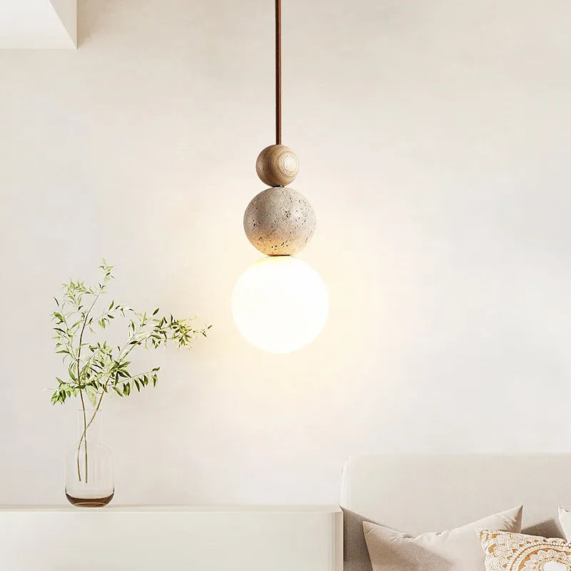 Luma Cream Style Yellow Travertine Pendant Lights, Nature Stone Wood Hanging Lamps for Bedroom Bedside Restaurant Kitchen Island