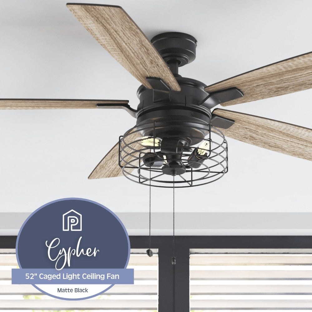 Cypher Matte Black Remote Control Ceiling Fan, 5 Blades Ceiling Fans Room Decor Home Fan Ceiling Fan with Led Light