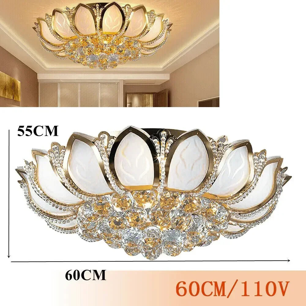 23.5" Flower Shaped Crystal Chandelier, E12 110V Gold Crystal Ceiling Lamp Modern Chandelier Hanging Lamp Flush Mount NEW
