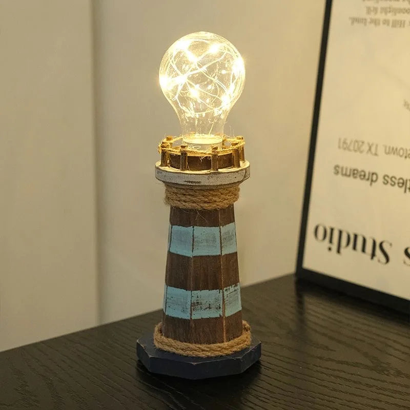 Mediterranean style wooden lighthouse ornament creative retro desktop decoration luminous home decoration gift giving decoration