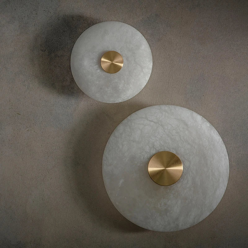 Art Deco Round LED Wall Sconce - Natural Marble & Brass Corridor Light