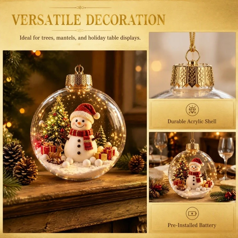Vintage Winter Glowing Christmas Ball Ornament Plastic Acrylic LED Warm Lights 3D Christmas Hanging Bauble Shock-Resistant