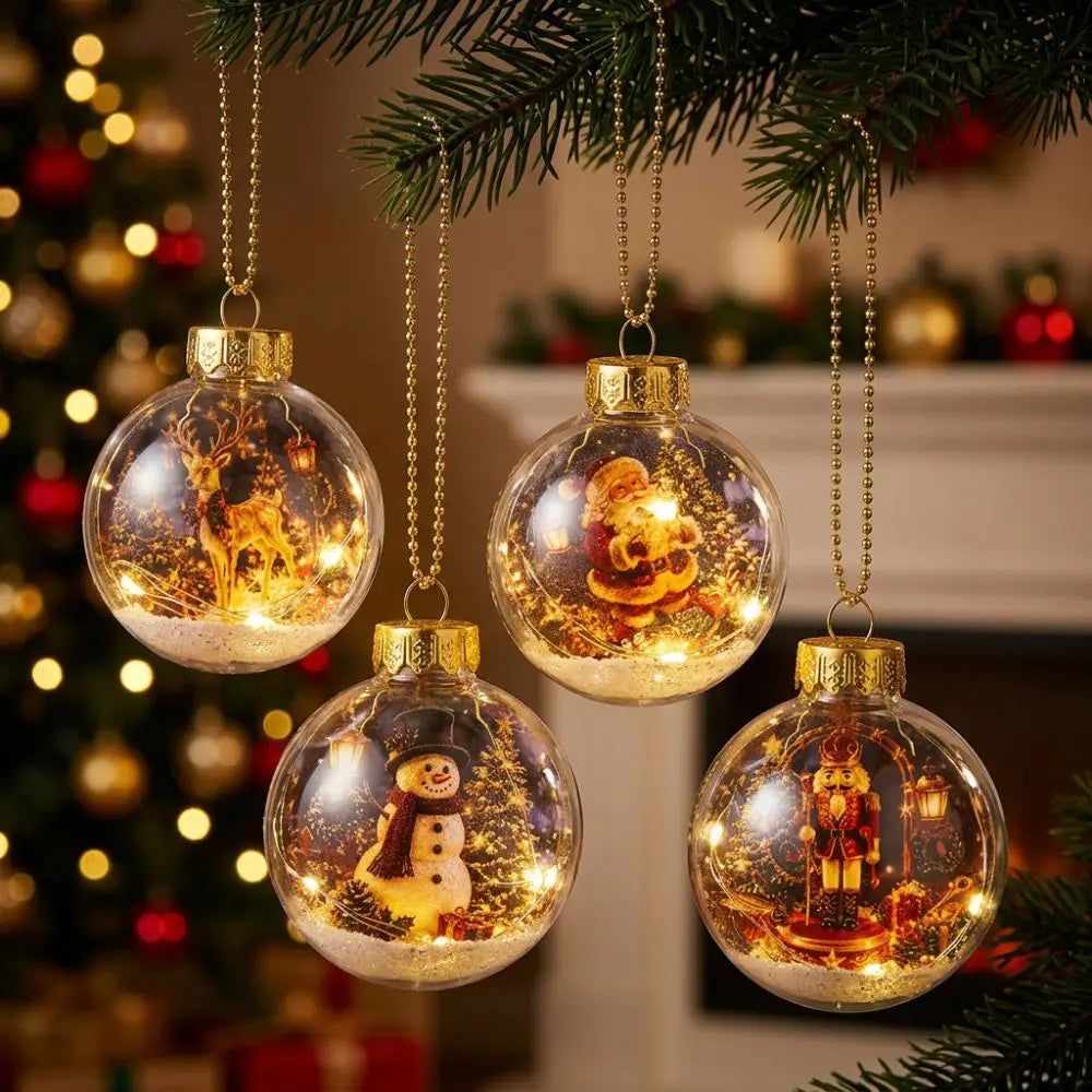 Transparent Lighted Christmas Ball Ornament Plastic Acrylic Santa Snowman Deer Pendant Cartoon Style Exquisite