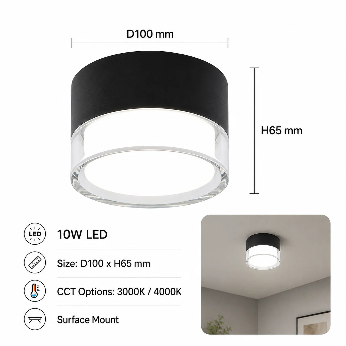 7W Circular Spot Light, 3000K 4000K Optional, LED Downlight Surface Mounted Nordic Ceiling Light Living Room Lighting