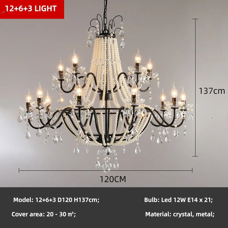 French Candle E14 Led Chandelier Villa Stairs Pearl Crystal Led Pendant Lights Hotel Art Decor Suspend Light Led Luminarias