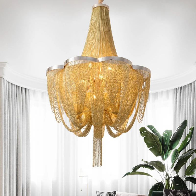 New Postmodern Light Luxury Personality Tassel Iron Living Room Chandelier Dining Room Bedroom Duplex Staircase Large