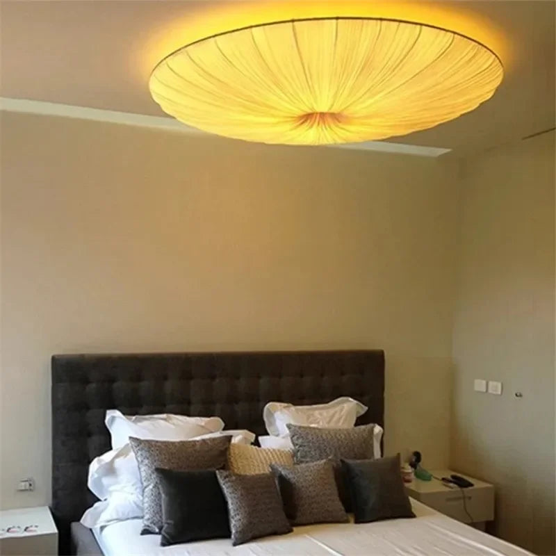 Wabi Sabi Led Fabric Ceiling Light Round Whtie Flying Saucer Chandelierfor Living Room Bedroom Restaurant Fabric Pendant Lamp