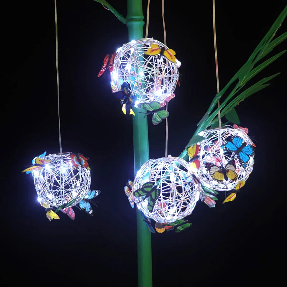 Outdoor Solar Metal Butterfly Pendant Light - Waterproof Hanging Weaving Mesh Ball