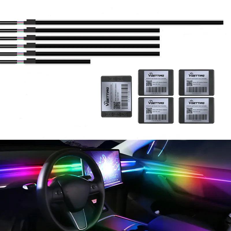 Car's atmosphere with 18 acrylic strips in 64 Colors , controlled by a Bluetooth app.