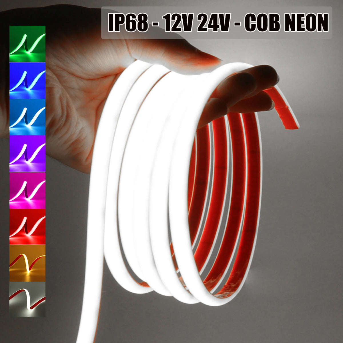 IP68 Waterproof COB LED Neon Strip Light (12V / 24V, 320 LEDs/m) - Flexible Outdoor Garden Decor Ribbon Tape in White, Red, Blue, Green & Pink