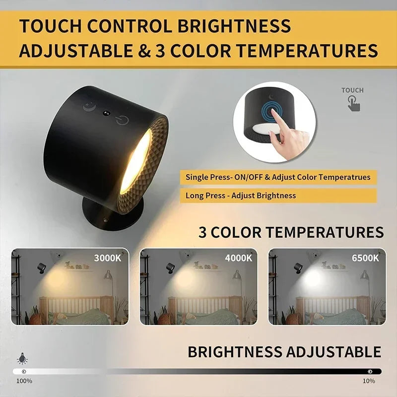 Double-Head LED Wall Lamp with Touch & Remote - 360° Rotatable Wireless Night Light