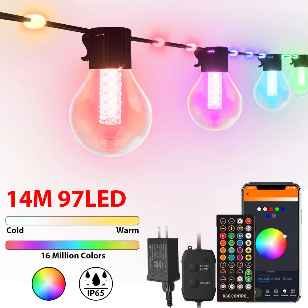 50Ft RGBW Smart String Lights with Rope Fairy APP Remote Control Dimmable G40 Patio Lights Outdoor Christmas Tree Garden Decors