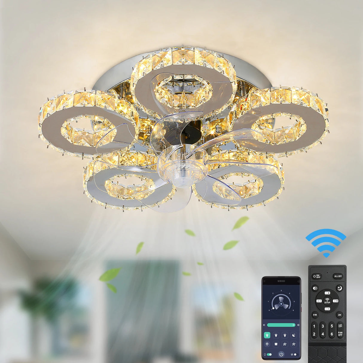 Modern Ceiling Fan Light Led Fan Lamp Smart APP RC Luxury Crystal Chandelier Home Decor Appliance Fixture Living Dining