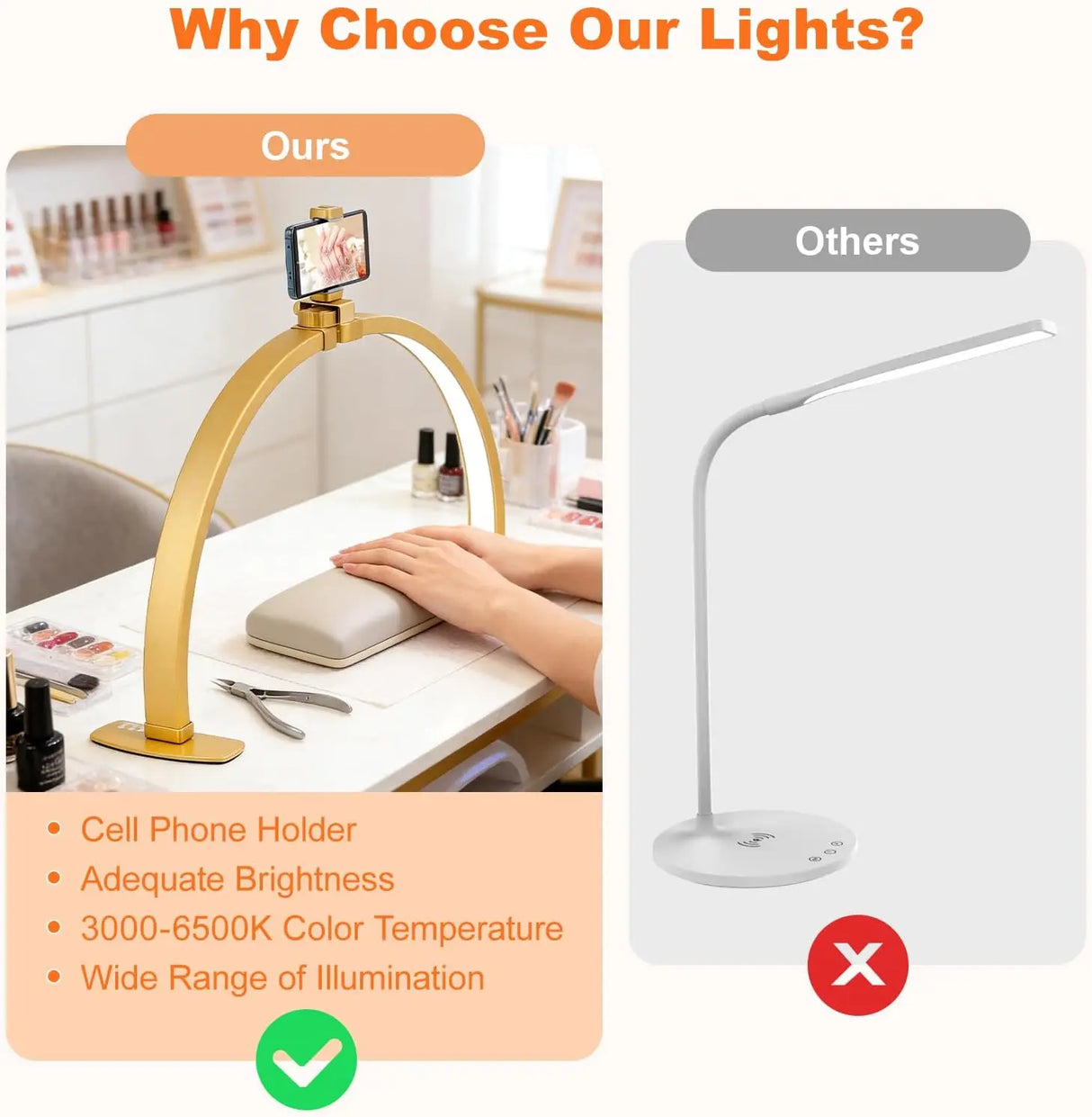 29IN Folding Half-Moon LED Nail Desk Lamp - Shadow-Free Light with Phone Holder