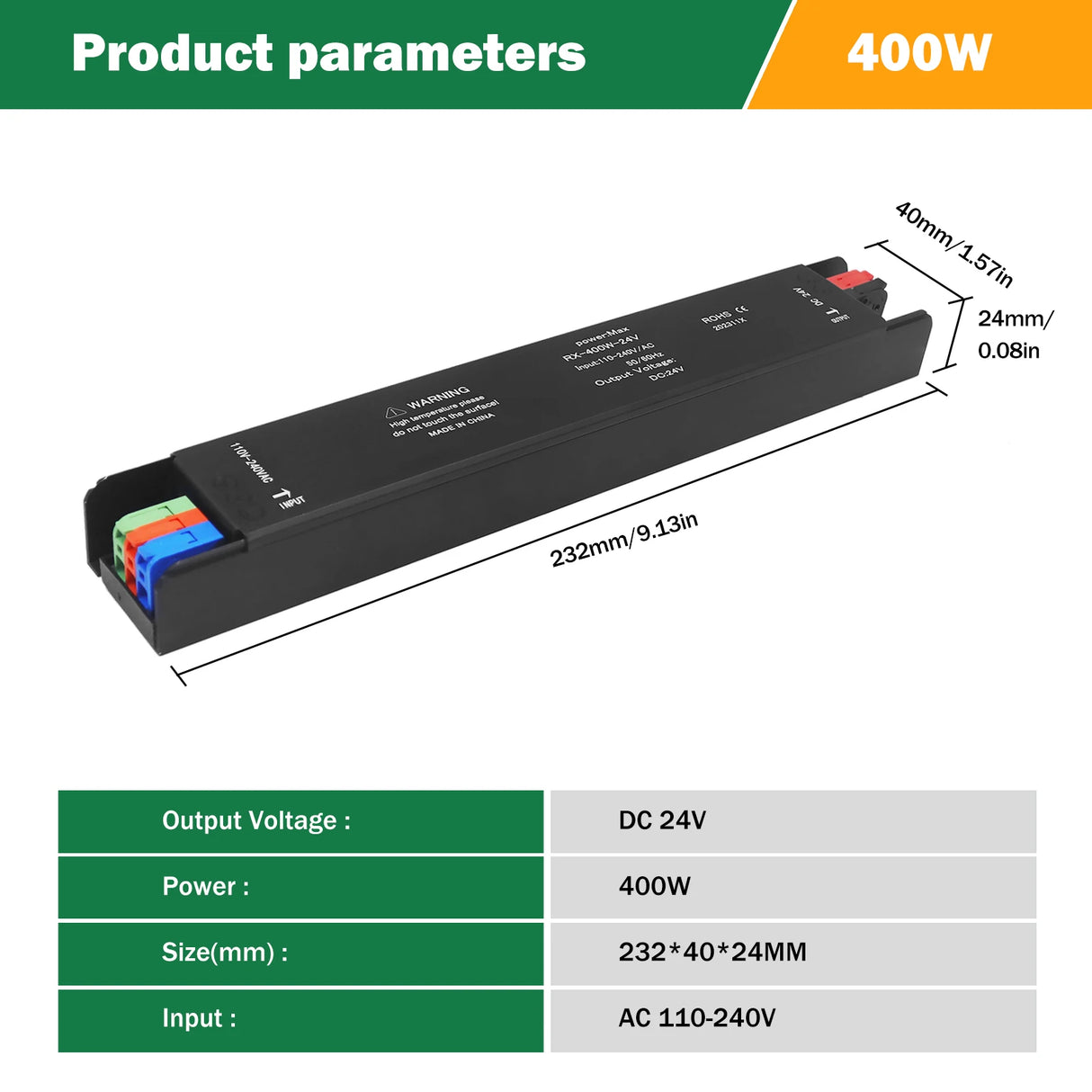 Ultra-Thin LED Power Supply - 12V / 24V DC Lighting Transformer (60W-400W)