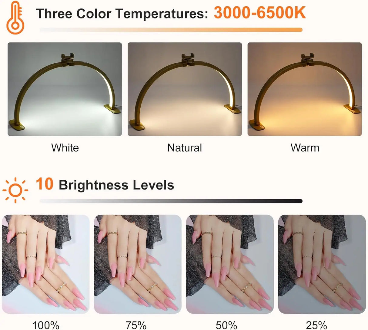 29IN Folding Half-Moon LED Nail Desk Lamp - Shadow-Free Light with Phone Holder