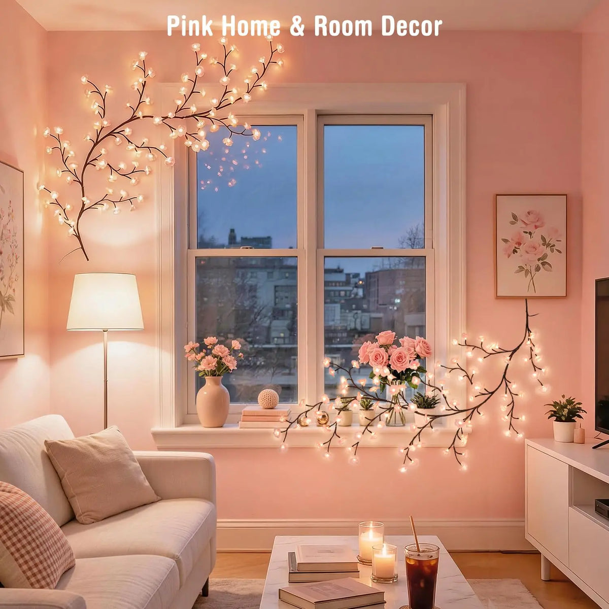 Cherry Willow Vine Lights for Kawaii Room Decor, 72LEDS Pink Cherry Blossom Tree Branch Lights for Wall, Remote Timer, 8 Modes, Bedroom Doors Wedding Christmas Decor, USB