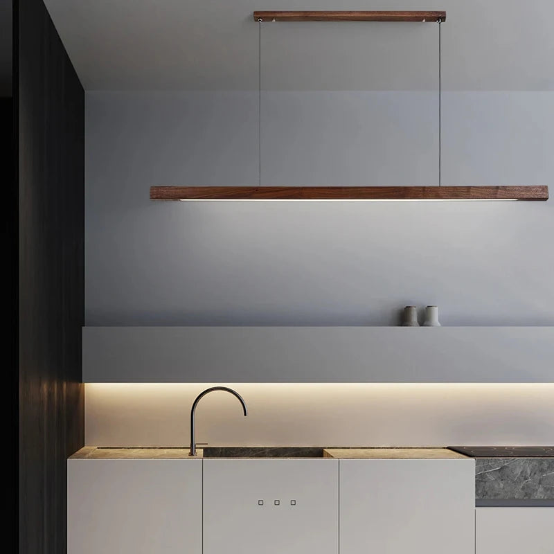 Solid Wood Long LED Pendant Light Modern Minimalist Dining Room Bedroom Living Room Front Desk Decorative Lighting Fixtures