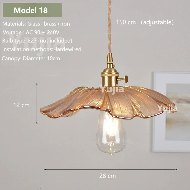 Vintage Amber Glass Pendant Light - Retro Brass Adjustable Hanging Hanging Lamp