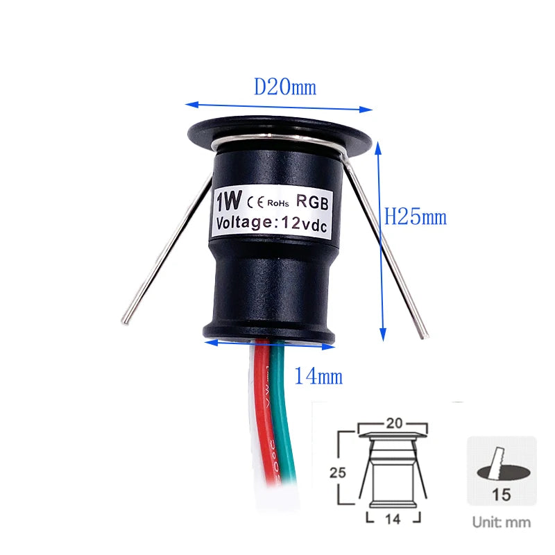 1W RGB Mini LED Recessed Downlight with Driver (AC100–265V / DC12V) - Compact Spotlight for Cabinets, Stairs & KTV