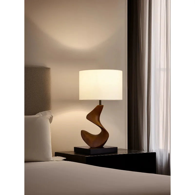 Modern Abstract Twisted Sculpture Table Lamp Resin Wood Grain Base Fabric Shade Bedside Ambient Light Home Decorative Desk Lamp