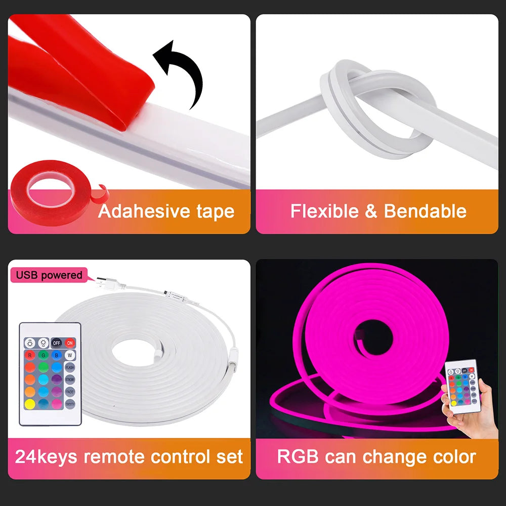 5V USB RGB LED Neon Strip Light 24key Remote Control Adhesive Tape 3535 108LED/m 6x12mm Waterproof Flexible Lamp Home Decoration