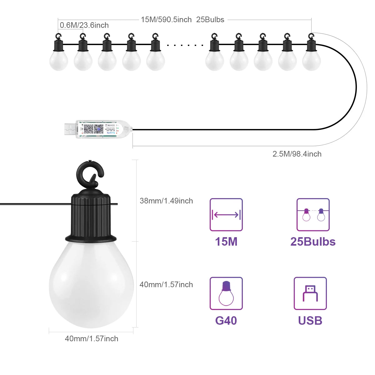 Outdoor Waterproof LED String Light USB 15M 25 Bulbs Fairy Lights Bluetooth LED Garland Lamp Room Garden Camping Christmas Decor
