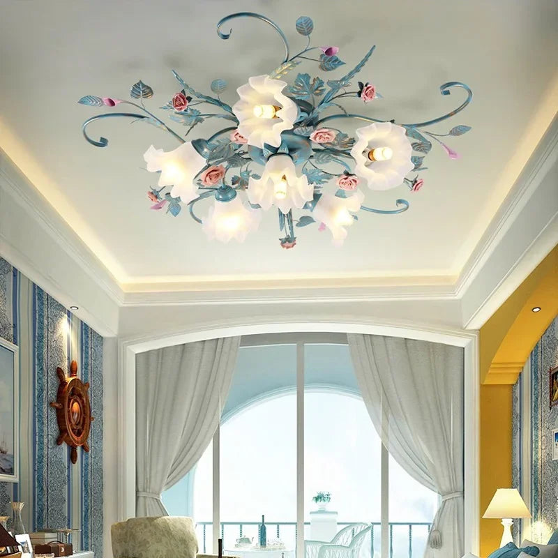Romantic Rose Flower Ceiling Lamp Pastoral Style Glass Flower Ceiling Chandelier For Bedroom Living Room Art Attic LED Lighting