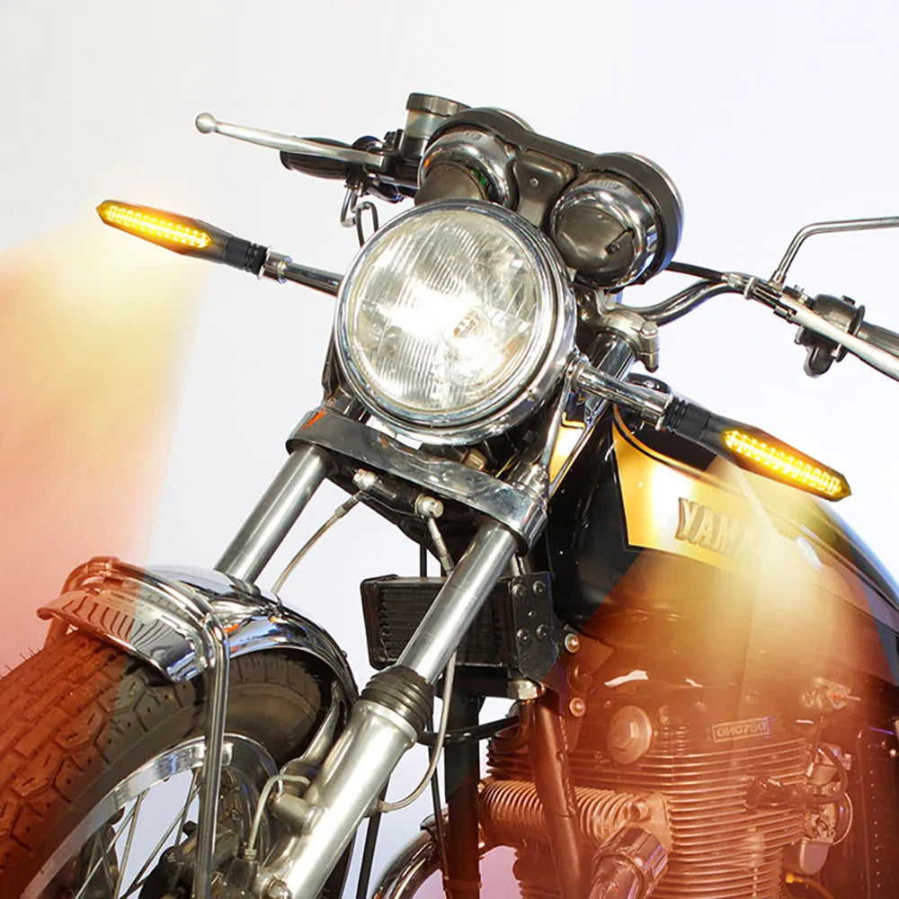 Flowing Water LED Motorcycle Turn Signals (2 Pcs) - 12-LED Amber Sequential Blinkers with Built-In Relay, 10mm Thread Universal Fit