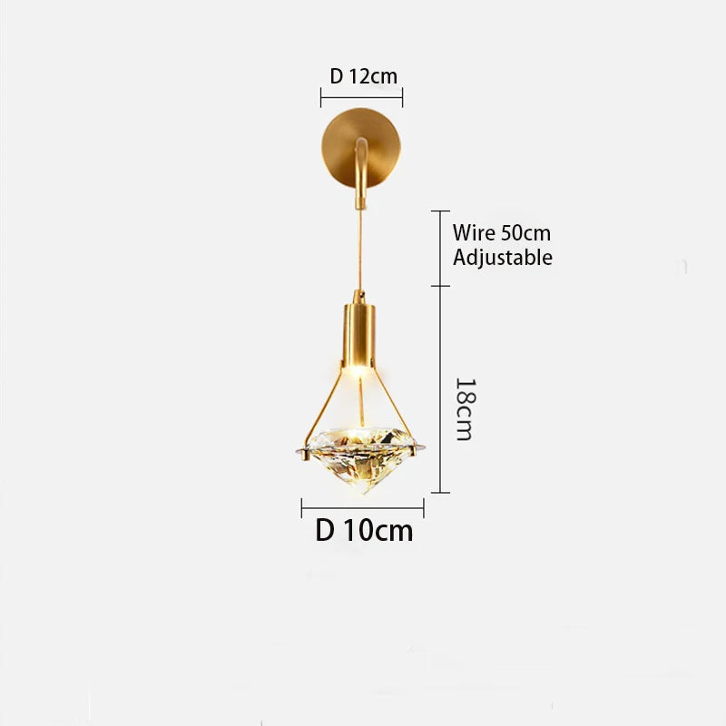 Copper Luxury Wall Light Modern Diamond Design Crystal Wall Lighting Bedroom Bedside Lamp Fixture Clear Cristal Led Wall Sconce