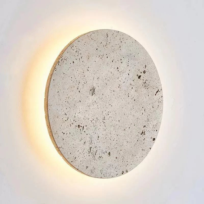 Huangdong Stone Round Thin Slice LED Wall Lamp - Designer Natural Travertine Accent Sconce Light Fixture for Bedroom Bedside, Living Room & Staircase