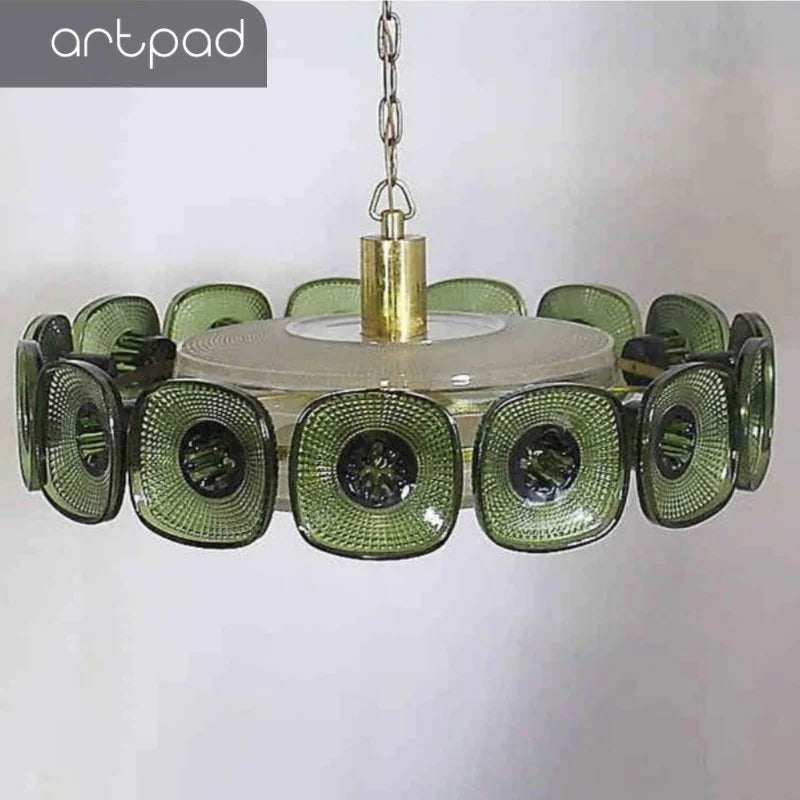 Vintage Glass Petal Chandelier for Living Room Dining Room French Green Cear Glass Hanging Pendant Chandelier Lights Bedroom