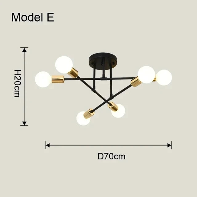 Modern Sputnik Chandelier Nordic Semi Flush Mount Ceiling Lamp Brushed Antique Gold Home Decor Lighting Fixture