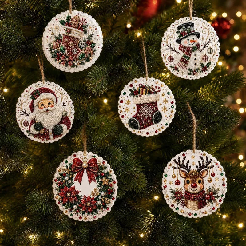 6Pcs Wooden Christmas Decoration DIY Pearl Art Kits for Adults, Xmas Tree Crafts Hanging Ornament Kit with Beads, Gems & Twine