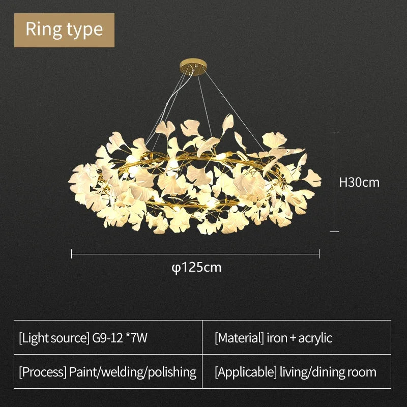 Nordic Ginkgo Leaf LED Chandelier - Modern Round Interior Hanging Light